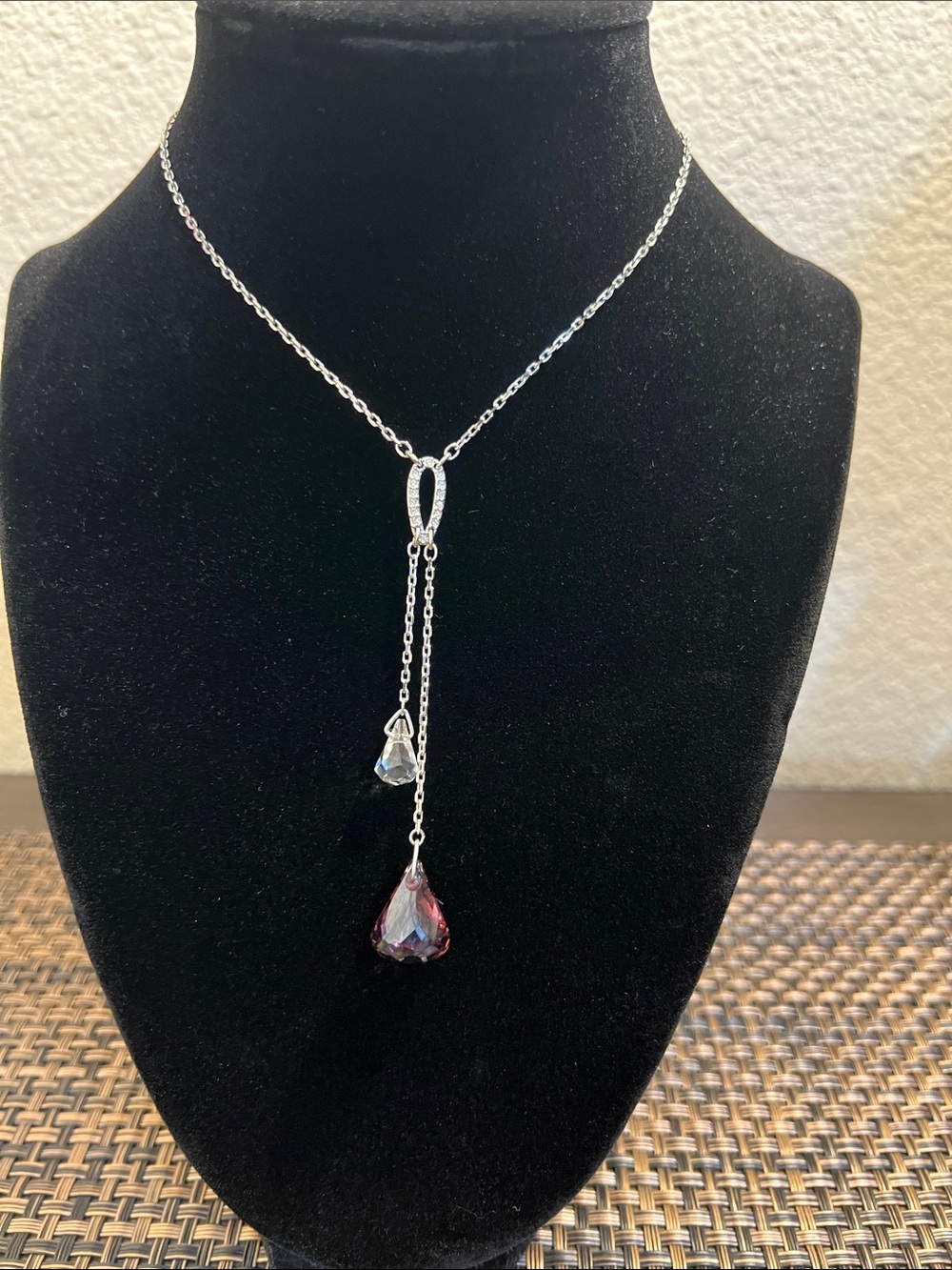 Swarovski Silver Lariat Necklace with Clear and Purple Teardrops Pendant